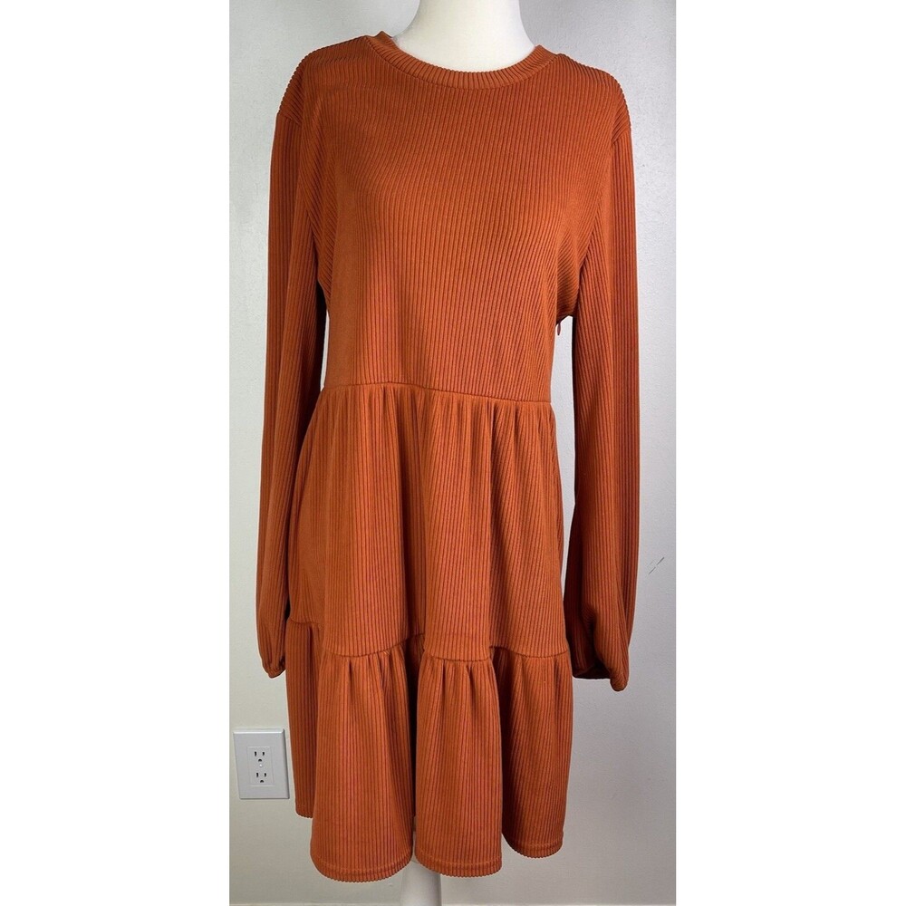 Cupshe Dress Ribbed Burnt Orange Tiered Long Balloon Sleeves Milk Maid XL Fall
